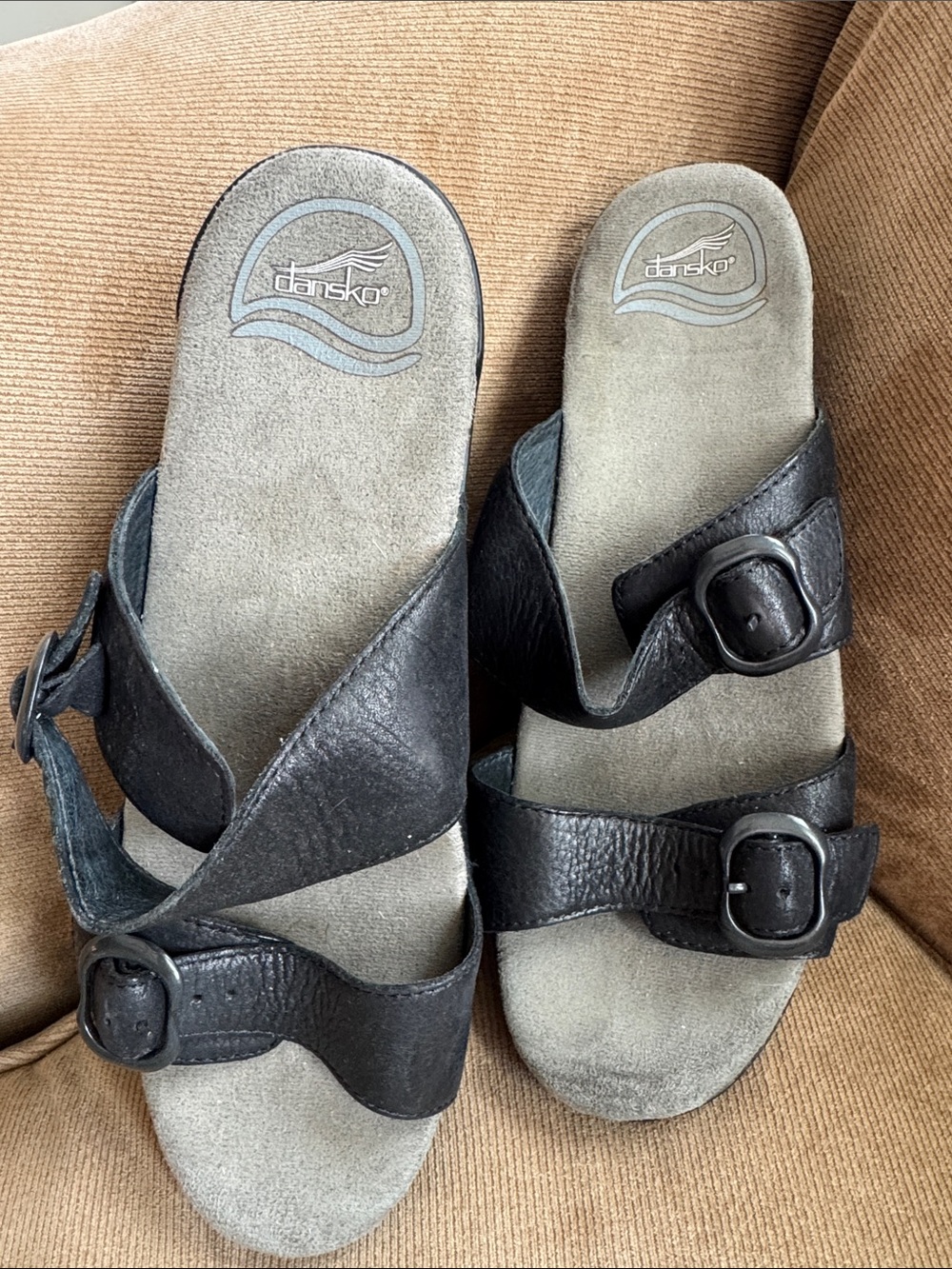 Dansko Black Leather Buckle Slide Sandals